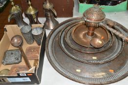 A COLLECTION OF MIDDLE EASTERN COPPER AND BRASS WARE INCLUDING MANY ITEMS WITH WORN TINNING,