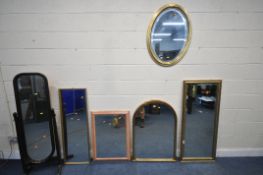 A SELECTION OF VARIOUS MIRRORS, to include a rectangular gilt frame bevelled edge wall mirror, a