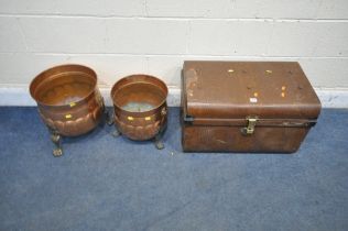 A BROWN METAL TRAVELING TRUNK, width 65cm x depth 43cm x height 40cm, and two sized copper log