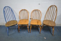 A PAIR OR ELM AND BEECH ERCOL SPINDLE BACK DINING CHAIRS, an Ercol quaker back chair and a partially