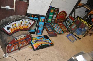 A SELECTION OF VINTAGE AND MORE RECENT FRUIT MACHINE GRAPHICS including glass and plastic panels and