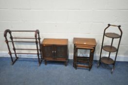 A MAHOGANY NEST OF THREE TABLES, an oak folding cake stand, small mahogany two door cupboard, and