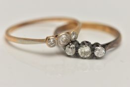 TWO THREE STONE DIAMOND RINGS, the first an old cut diamond and two single stone diamonds, bezel set