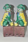 A PAIR OF 20TH CENTURY CHINESE PORCELAIN SEATED DOGS OF FO, brown glazed rectangular bases,
