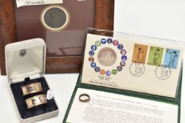 A BOX OF ASSORTED ITEMS, to include a framed medal depicting Edward VIII wearing a crown, dated