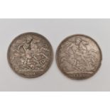 TWO VICTORIAN CROWN COINS, one dated 1889 the other dated 1891, approximate gross weight 55.7 grams