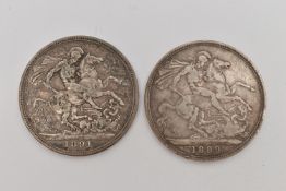 TWO VICTORIAN CROWN COINS, one dated 1889 the other dated 1891, approximate gross weight 55.7 grams
