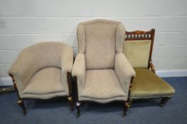 A 19TH CENTURY MAHOGANY ARMCHAIR, with beige floral upholstery, on front cabriole legs, another