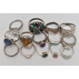 A BAG OF WHITE METAL RINGS, to include a silver amethyst ring, hallmarked Birmingham, a silver