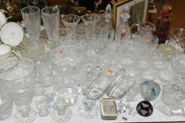 A QUANTITY OF CUT CRYSTAL AND OTHER GLASS WARES, over sixty pieces, to include a Mdina orange and