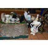 THREE BOXES OF CERAMICS AND GLASSWARE, to include two table lamps, cutglass wine glasses,