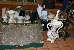 THREE BOXES OF CERAMICS AND GLASSWARE, to include two table lamps, cutglass wine glasses,