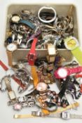A BOX OF ASSORTED FASHION WATCHES, names to include River Island, Oasis, Carvel, Citron, Avon, (