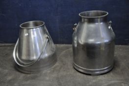TWO STAINLESS STEEL MILK CHURN one marker Made in Sweden diameter at base 33cm x height 35cm (no
