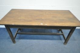 A LATE 20TH CENTURY GEORGIAN STYLE BEECH REFRECTORY TABLE, on square legs united by a H stretcher,
