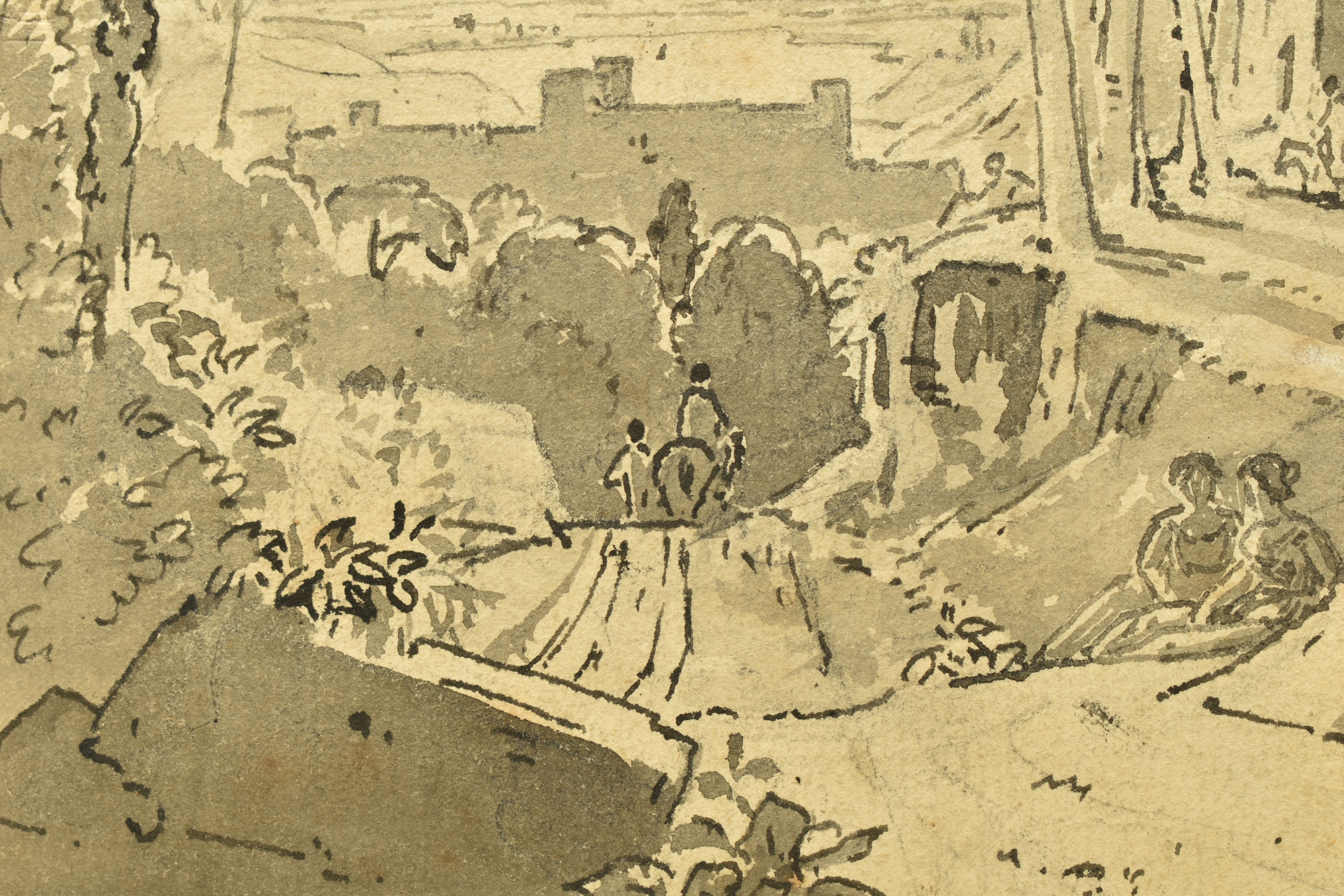 CIRCLE OF GEORGE BARRETT II (1764-1842) LANDSCAPE STUDY, figures in a lane with fortified buildings, - Image 5 of 7