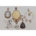 FOUR GEM SET STATEMENT PENDANTS AND A CHAIN, to include a moonstone circular pendant, fitted with