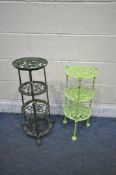 A LIME GREEN PAINTED CAST IRON THREE TIER SAUCEPAN STAND, diameter 26cm x height 61cm, and a dark