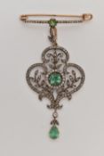 A LATE 19TH BELLE EPOQUE LAVALIER PENDANT AND BROOCH, a foliage open work pendant, principally set