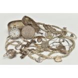 A BAG OF ASSORTED SILVER AND WHITE METAL JEWELLERY, to include a wide silver hinged bangle,