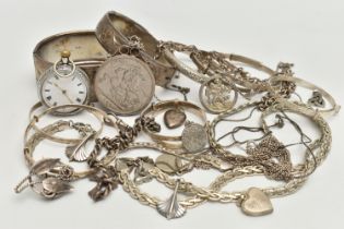 A BAG OF ASSORTED SILVER AND WHITE METAL JEWELLERY, to include a wide silver hinged bangle,