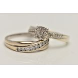 TWO DIAMOND SET RINGS, the first an 18ct white gold diamond half eternity ring, set with a row of
