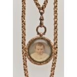 A GOLD PLATED LONGUARD CHAIIN AND PHOTO LOCKET, gold plated textured belcher chain, fitted with a