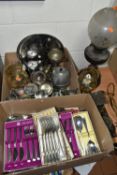 TWO BOXES OF METAL WARES ETC, to include boxed and loose flatware, pewter tankards, stainless