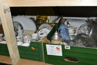 THREE BOXES OF CERAMICS, to include The Sanderson Gallery cups and saucers, large oval meat