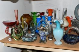 A GROUP OF COLOURED GLASSWARE, comprising an opaque blue and white glass jug with a clear frilled
