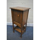 AN ARTS AND CRAFTS OAK SINGLE DOOR SMOKERS CABINET, width 36cm x depth 31cm x height 78cm (condition