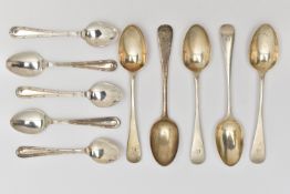 AN ASSORTMENT OF SILVER TEASPOONS, to include five old English pattern teaspoons each engraved