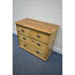 A 19TH CENTURY PINE CHEST OF TWO SHORT AND TWO LONG DRAWERS, width 93cm x depth 46cm x height