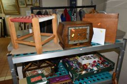 THREE BOXES AND LOOSE VINTAGE CHRISTMAS DECORATIONS, MANTEL CLOCK, STOOL, AND SUNDRY ITEMS, to