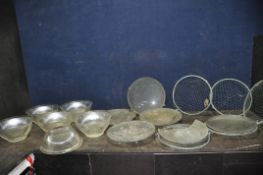 TWO BOXES OF VINTAGE LIGHT FITTINGS AND SHADES including eight hanging shades with mesh bowl,