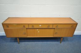 A MID CENTURY TEAK FINISH SIDEBOARD, with three drawers, width 183cm x depth 42cm x height 73cm (