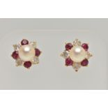 A PAIR OF YELLOW METAL CULTURED PEARL AND GEM SET EARRINGS, each set with a single cultured pearl,