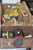 TWO BOXES OF VINTAGE TINS, CIGARETTE BOXES AND VINTAGE CAR PARTS, to include a Moroccan bone inlay