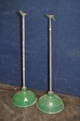 A PAIR OF INDUSTRIAL PENDANT LIGHTS with 12in enamel shade, green to outside and white inside, total