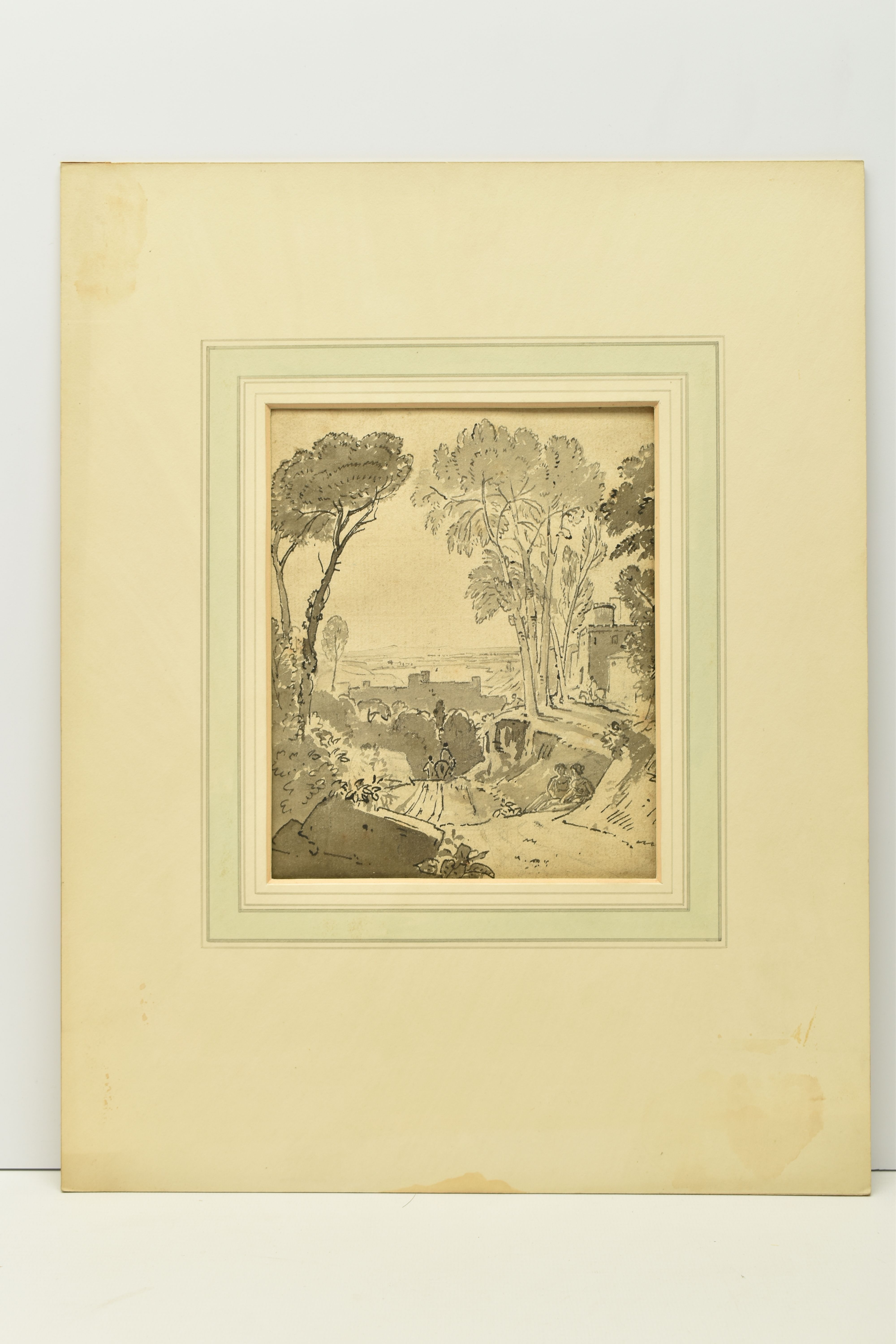 CIRCLE OF GEORGE BARRETT II (1764-1842) LANDSCAPE STUDY, figures in a lane with fortified buildings,