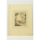 CIRCLE OF GEORGE BARRETT II (1764-1842) LANDSCAPE STUDY, figures in a lane with fortified buildings,
