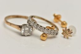 TWO 9CT GOLD RINGS, the first set with nine circular cut cubic zirconia, prong set in white gold