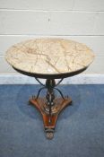 A THEODORE ALEXANDER CIRCULAR MARBLE TOP CENTRE TABLE, on triple wrought iron supports and central
