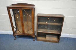 AN ART DECO WALNUT TWO CHINA CABINET, width 72cm x depth 39cm x height 122cm, and an oak bookcase (