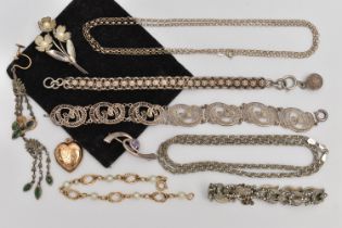 A BAG OF ASSORTED WHITE METAL JEWELLERY, to include an early 20th century white metal bracelet, a
