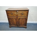 A GEORGIAN MAHOGANY SECRETAIRE CUPBOARD, the top drawer with a fall front enclosing a fitted