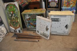 A COLLECTION OF VINTAGE PINBALL MACHINE PARTS comprising of the main playing board and top box