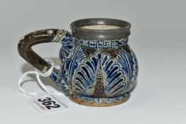 A ROBERT WALLACE MARTIN FOR MARTIN BROTHERS, A STONEWARE MUSTARD POT WITH PEWTER RIM, of bulbous
