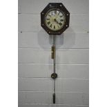 A 19TH CENTURY OCTAGONAL WALL CLOCK, with mother of pearl inlay and blind fretwork, an eight inch