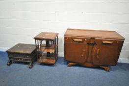 A 20TH CENTURY OAK SIDEBOARD, with two drawers and two cupboard doors, on shaped legs, length